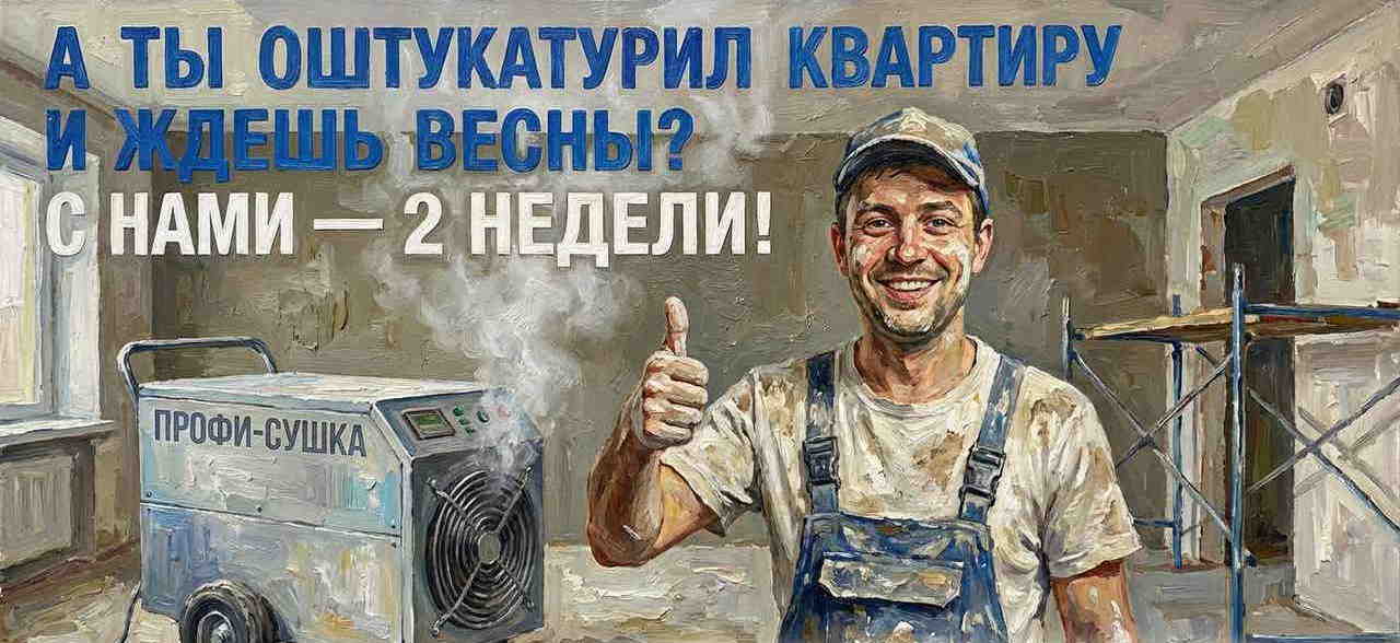 Банер: сушка после штукатурки с помощью осушителя